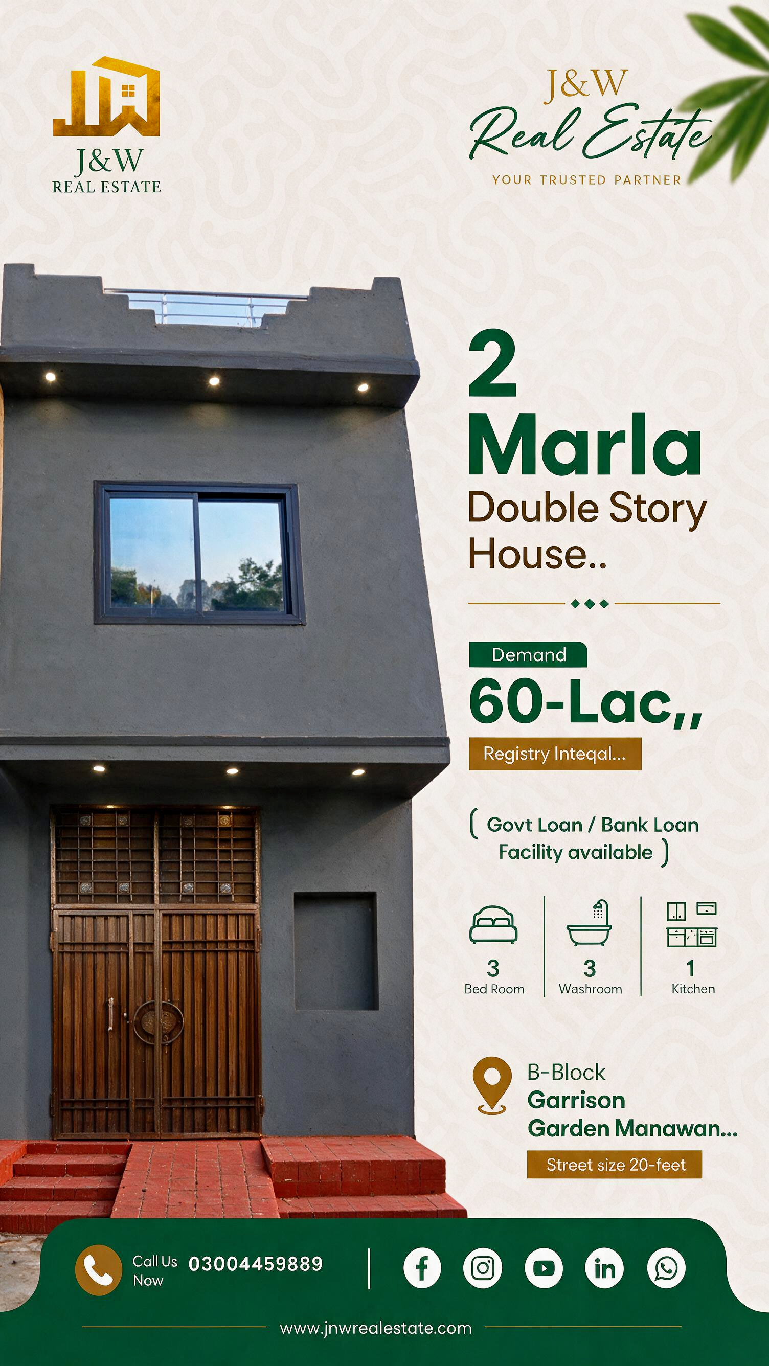 2 Marla Double Story House..  Demand 60-Lac,, Registry Inteqal...  ( Govt Loan / Bank Loan Facility available )  3 Room, 3 washroom, 1 kitchen,    B-Block Garrison Garden Manawan... Street size 20-feet